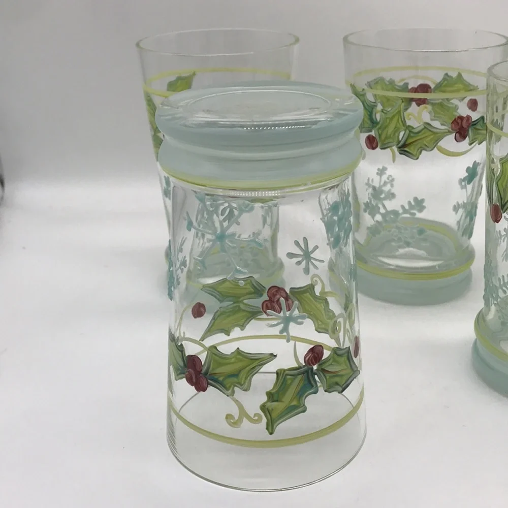 Vintage Christmas Painted/Decorated Clear Glass 16 oz. Tumbler’s—Total of 5 - Picture 3 of 9